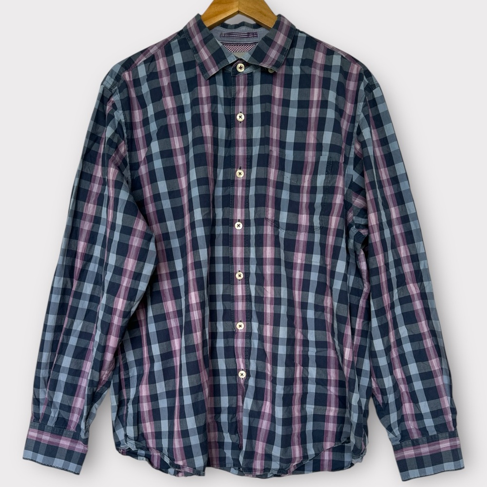 Tommy Bahama Mens XL Purple Blue Plaid Long Sleeve 100% Cotton Button Down Shirt